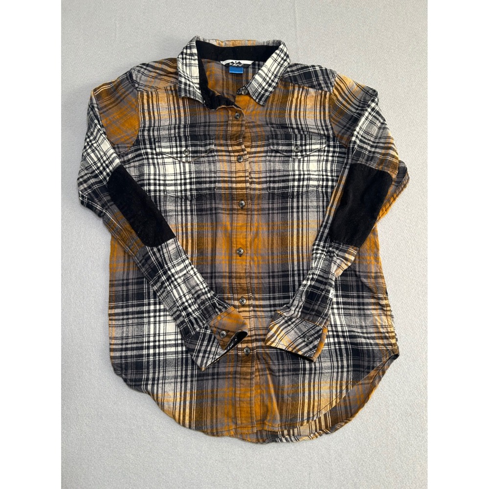 KAVU Flannel Shirt Mens Small Yellow Grey Plaid Elbow Patch Corduroy Trim
